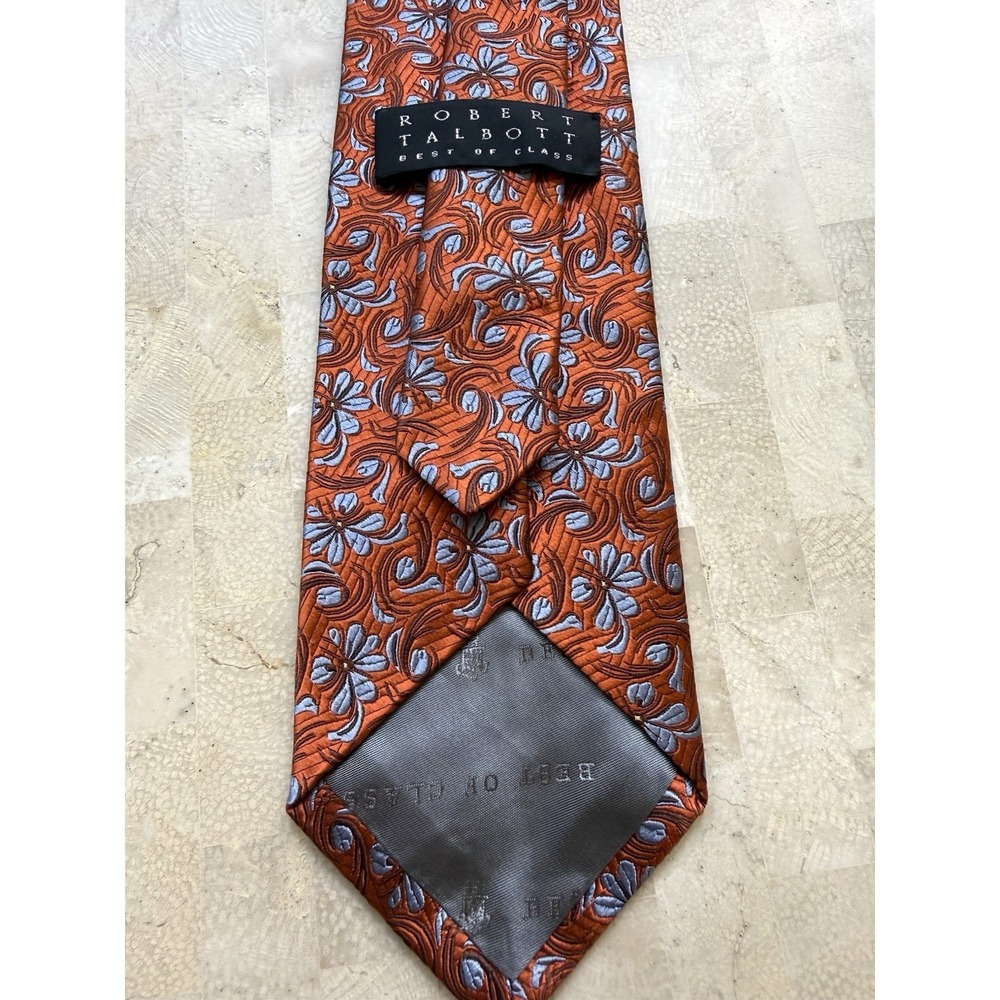 ROBERT TALBOTT Best of Class Silk Necktie Designer Woven Orange Blue Floral - Picture 7 of 8